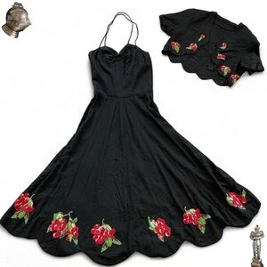 Vintage 1950s black halter cherry fruit dress and bolero set